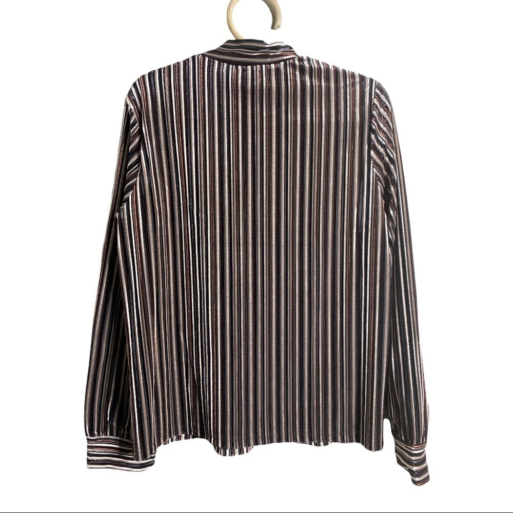 The Korner Velvet Striped Mock Neck Top Small NWT Black Burgundy Silver - Picture 10 of 13
